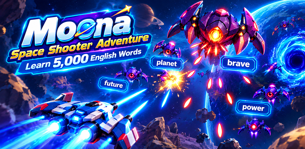 MOONA Word Adventure 5000 promotional artwork featuring a space adventure and vocabulary blocks
